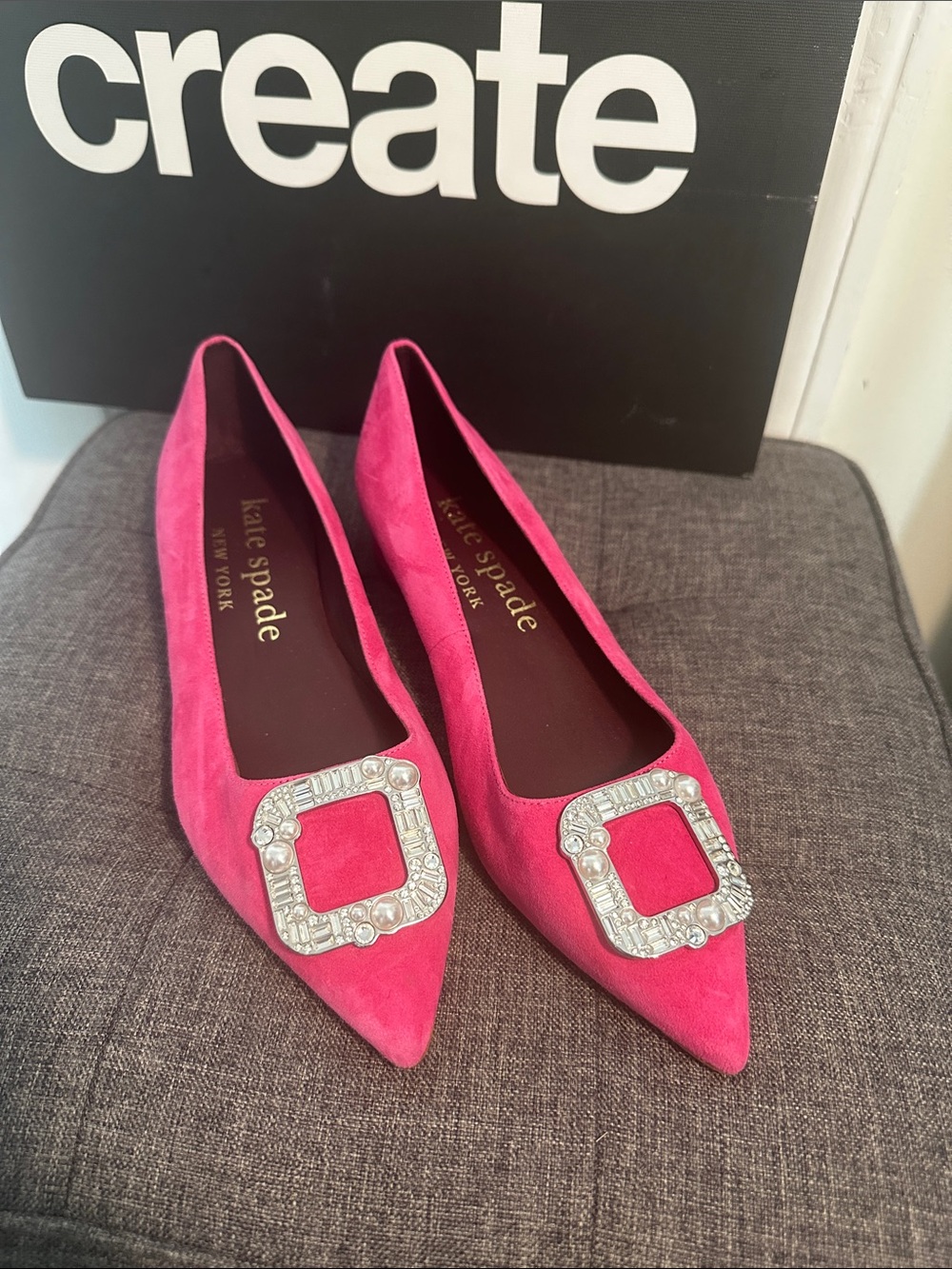 kate spade Hot Pink Suede Pointed Toe Flats with Crystal Square Buckle